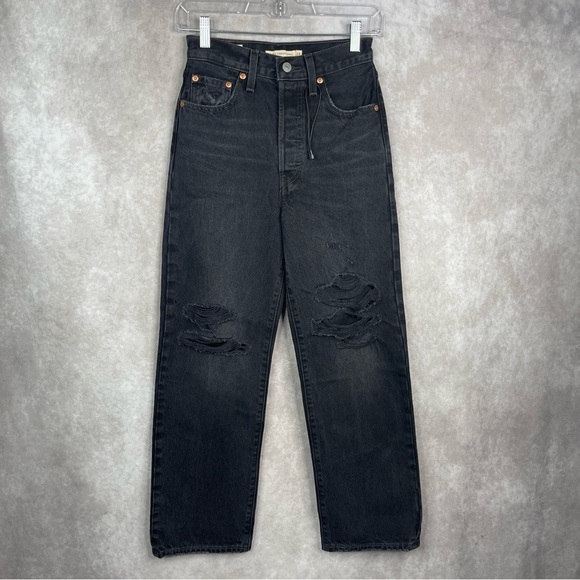 Levi's Ribcage Straight Ankle Jeans In Skewed Break Black Women's Size 24 - Picture 2 of 8